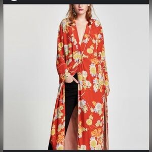 Zara Coral Floral Maxi Boho Kimono Robe